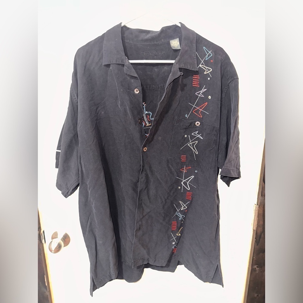 Tori Richard Black Shirt with Colorful Geometric Embroidery